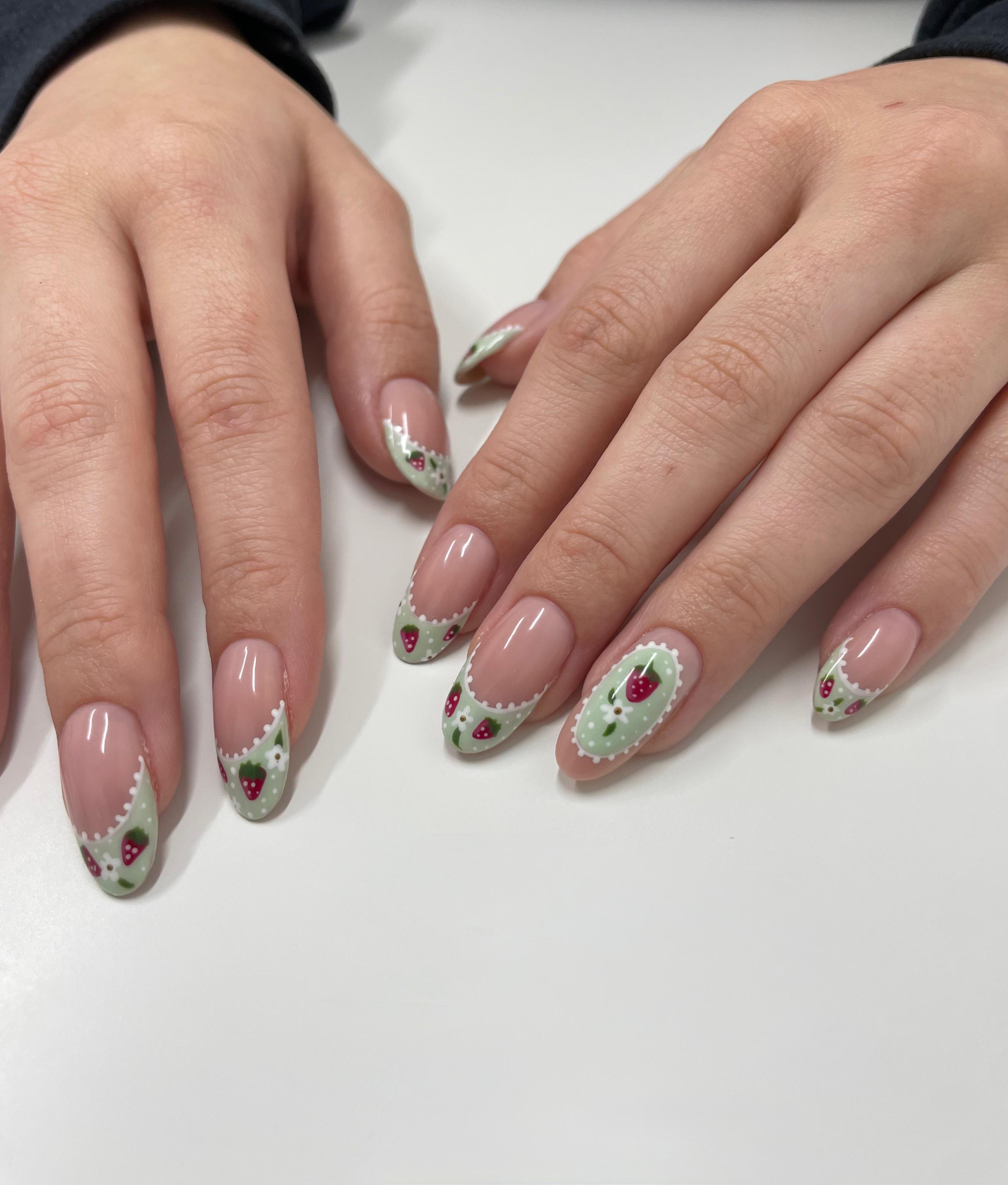 Strawberry French tip nail art by Jessica